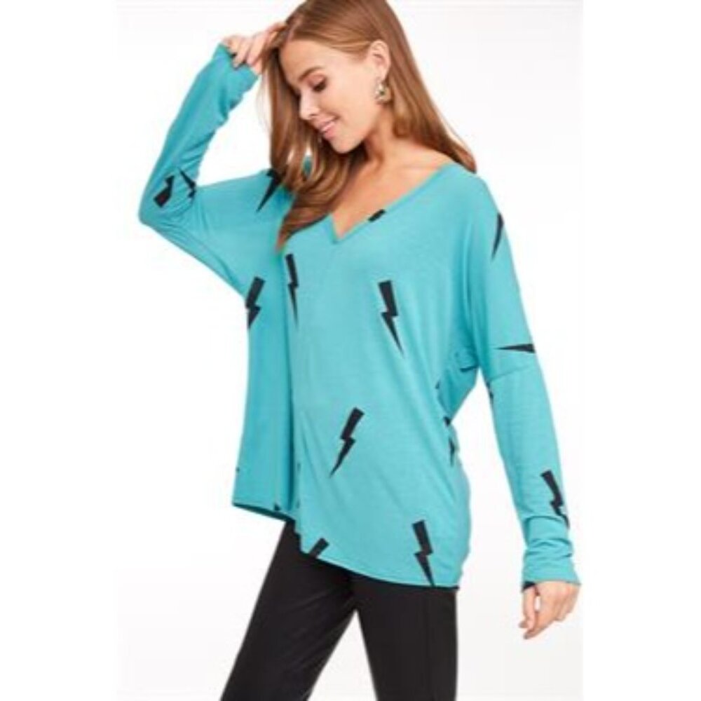 L Love Lightning Bolt Teal Long Dolman Sleeve Stretchy V-neck Top - Picture 5 of 5